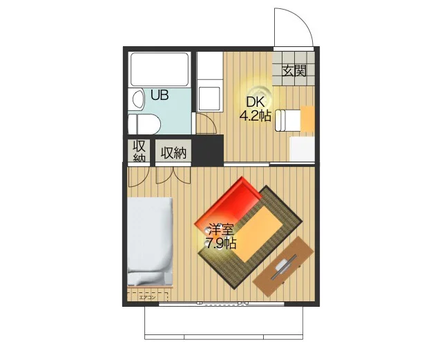 1Kのシンプルな間取りですが、家具家電完備でさらに備品も充実しておりますのでご満足いただけるお部屋となっております。（現在ソファは撤去しております）
