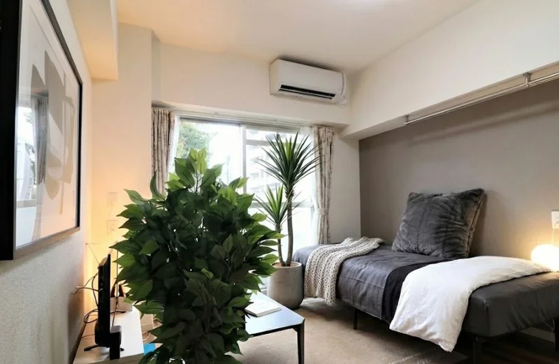 大き目なテレビがあり、ゆっくり寛げる空間となっております。家具家電だけでなく、ティッシュやリセッシュ等もご用意させてもらっているので非常にご満足度高くご利用いただいております！※植木と額とクッションなどの装飾は写真用です。