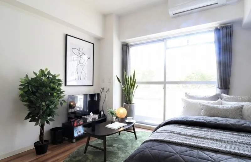 大き目なテレビがあり、ゆっくり寛げる空間となっております。家具家電だけでなく、ティッシュやリセッシュ等もご用意させてもらっているので非常にご満足度高くご利用いただいております！※植木と額とクッションなどの装飾は写真用です。