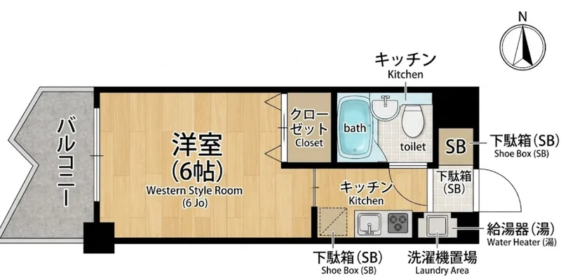 1Rのシンプルな間取りですが、家具家電完備でさらに備品も充実しておりますのでご満足いただけるお部屋となっております。