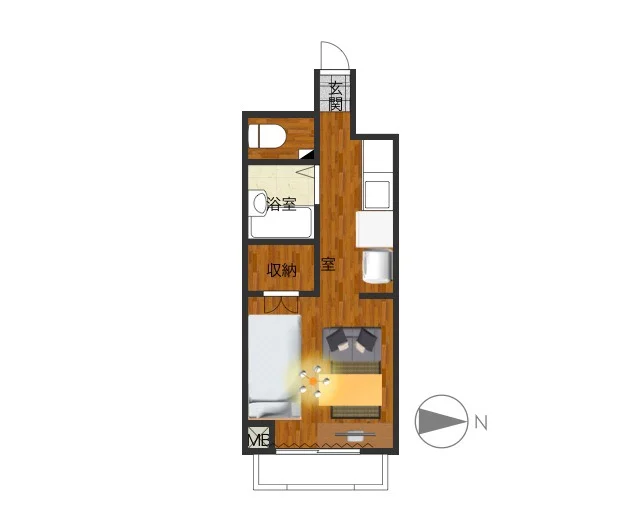オール電化1Kの間取り　収納スペースもばっちりあり！　バストイレ別が嬉しい生活しやすい広さ！