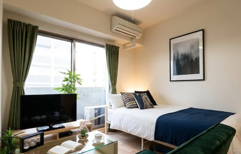 白を基調とした清潔感のあるお部屋です。　家具家電がそろっていて入居当日から自宅のようにごゆっくりお過ごしいただけます。　ホテルより割安で長期滞在におすすめ！※植木と額とクッションなどの装飾は写真用です。