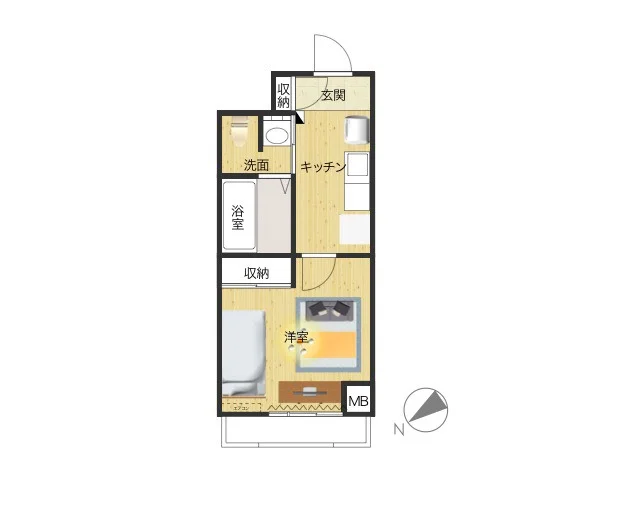 独立洗面台有の１K間取り　バストイレ別が嬉しい物件！　収納スペースもあります！　バルコニー付きで洗濯物を干すことも可能！