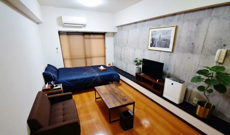 Ｋマンスリー姫路駅南口前★お洒落な壁紙が特徴的なお部屋で、テレビ、ソファー、空気清浄機、テーブル、ゴミ箱、掃除機やパラソルハンガー、DVDプレイヤーも完備!!長期、中期、短期宿泊に適した室内となっております。※植木と額とクッションなどは写真用です。