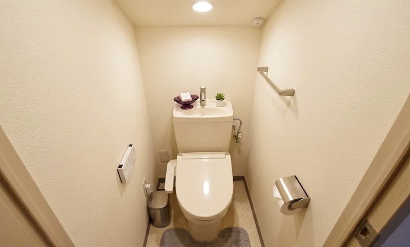 003　Ｋマンスリー姫路駅南口前のトイレ画像。ウォシュレットつきのトイレです。老若男女皆様に安心してご利用いただけますね☆トイレにもトイレ用洗剤とトイレ用ブラシをご用意しておりますので長期ご利用の場合の気になる汚れなどもお掃除して頂けます＾＾