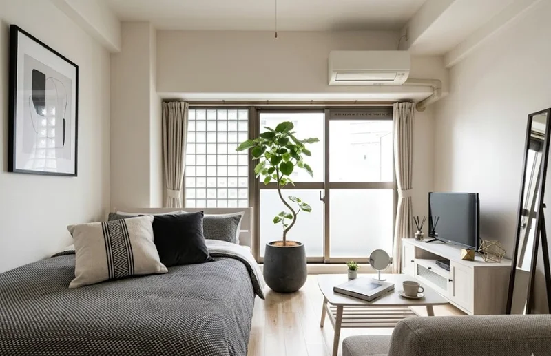 白を基調とした室内で　清潔感のある快適な明るい住空間！　必要な家具家電が標準化されたマンスリーマンション！※植木と額とクッションなどは写真用です。