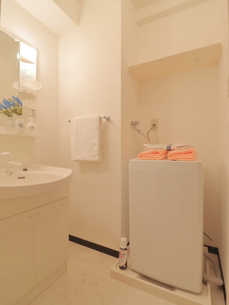 独立洗面台有のため、朝の身支度も簡単です。　洗濯機付きで毎日洗濯できて清潔にお過ごしいただけます。