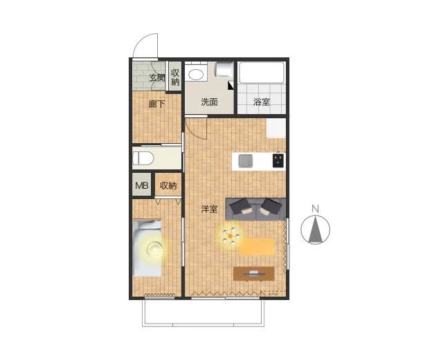 広々とした１LDKでバストイレ別　独立洗面台付き！　寝室別で夜は釣ったりとお寛ぎいただけます。南向きのバルコニー付きで日当たり抜群！