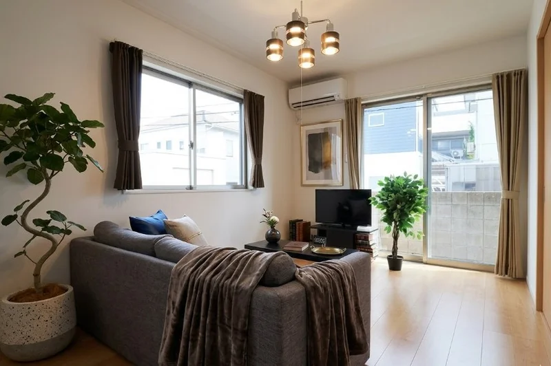 築浅１LDKのお部屋で広々　複数名入居可能！　窓が多く日光を取り入れやすい　明るいお部屋が魅力的！※植木と額とクッションなどの装飾は写真用です。