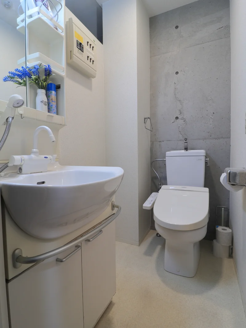 シャワートイレ機能付きのトイレで、独立洗面台もあります　洗剤やトイレブラシ付きで　長期の滞在でも清潔に！