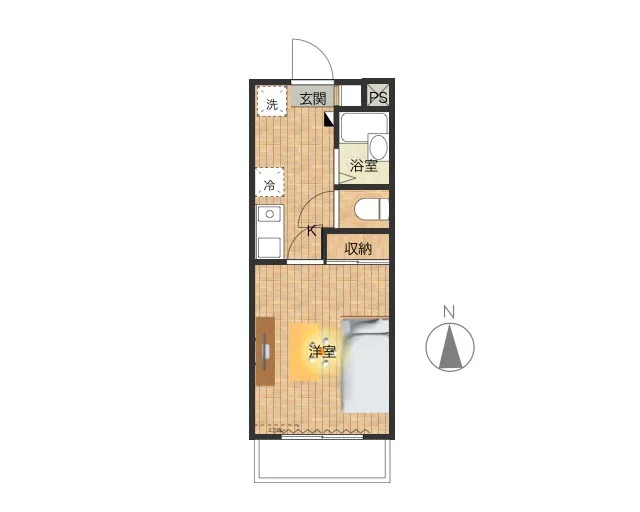 １Kのシンプルな間取りながら　家具家電だけでなくあると嬉しい備品類も取り揃えてあり満足度の高いお部屋！　バストイレ別が嬉しい物件です！