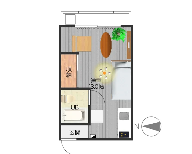デザイナーズ部屋！ガスコンロ2口卓上タイプ♪　収納スペースもございます。コンパクトに生活できる1Rタイプのお部屋です！