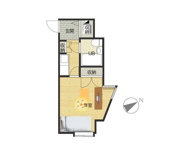 ちょっと変わった1Kの間取りですが、家具家電完備でさらに備品も充実しておりますのでご満足いただけるお部屋となっております。