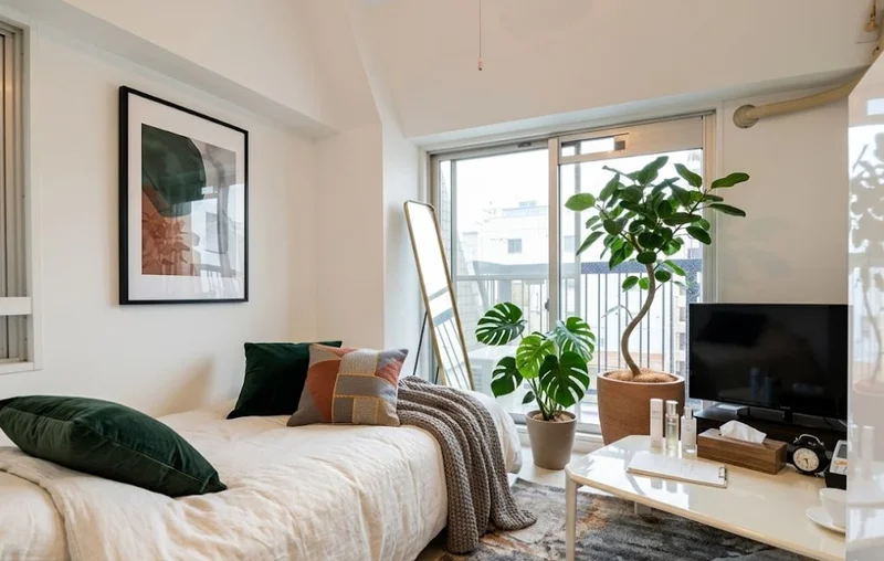 白を基調とした清潔感のあるお部屋です。　ホテルより割安で経費削減も可能なマンスリーマンション！※植木と額とクッションなどは写真用です。