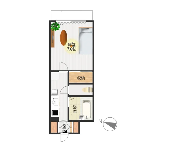 お風呂とトイレが分かれている、セパレートタイプの１Kのお部屋となります。様々な備品を標準装備でご案内しておりますので、ご利用いただいたお客様からも、あったら助かるものが多いと、ご好評を博しております。また、オートロック付きで、駐車場有、共用部に自動販売機もあるので、何かと便利です。