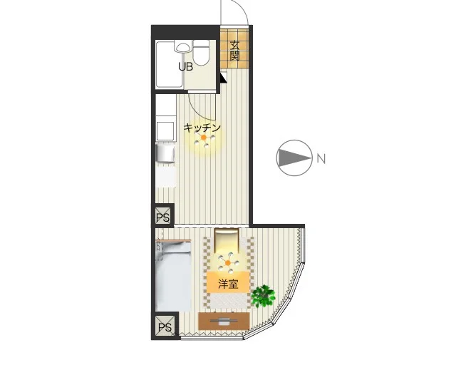 変わった間取りの1Ｒ♪家具家電完備でさらに備品も充実しておりますのでご満足いただけるお部屋となっております。
