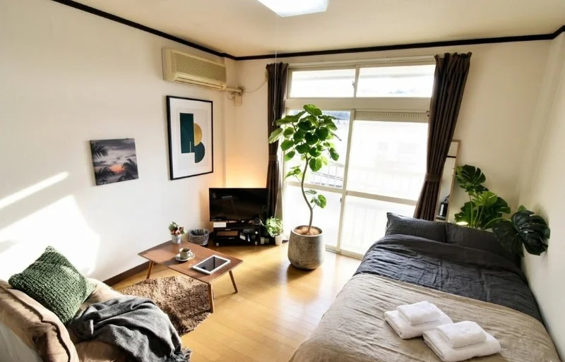 暖かい色合いのインテリアが魅力的な１Kマンスリーマンション！　家具家電充実の長期利用でも自宅のように落ち着けるお部屋です。※植木と額とクッションなどの装飾は写真用です。