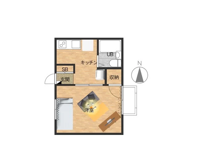 間取（3点ユニットタイプの１Kです）　コンパクトなお部屋ながら家具家電や備品類が充実したマンスリーマンション！