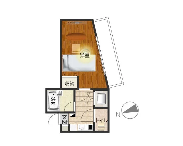バルコニー広めのお部屋！　バストイレ別のお部屋で一人暮らしには十分な広さの１Ｋの間取りとなっております！