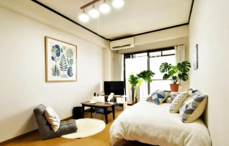 南向きの明るいお部屋！　家具家電が標準化されたお部屋で　入居当日からお寛ぎいただけます。※植木と額とクッションなどの装飾は写真用です。