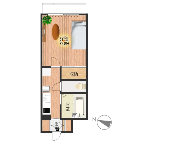 お風呂とトイレが分かれている、セパレートタイプの１Kのお部屋となります。様々な備品を標準装備でご案内しておりますので、ご利用いただいたお客様からも、あったら助かるものが多いと、ご好評を博しております。また、オートロック付きで、駐車場有、共用部に自動販売機もあるので、何かと便利です。