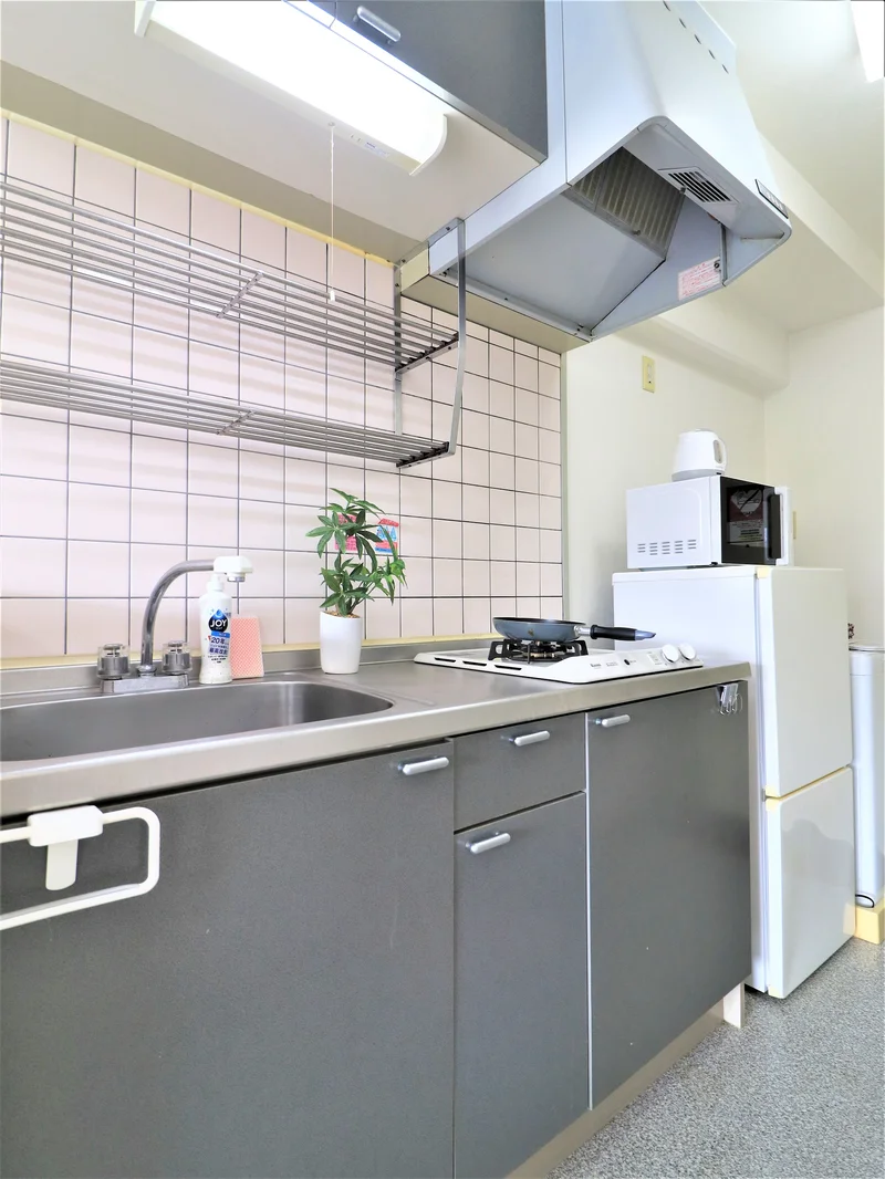 収納がたくさんあってお洒落なシステムキッチン(^^♪炒め物などに向いているガスコンロ付きです！フライパン等調理器具だけでなく、お皿などもご用意しておりますので入居して即調理可能です！！