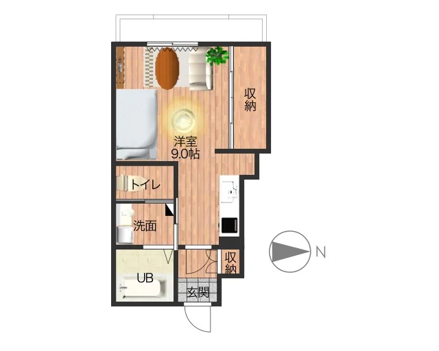 少し変わった間取りの１R築浅物件♪洋室9.0帖で少し広めのお部屋となっておりますのでゆったり過ごしていただけます。