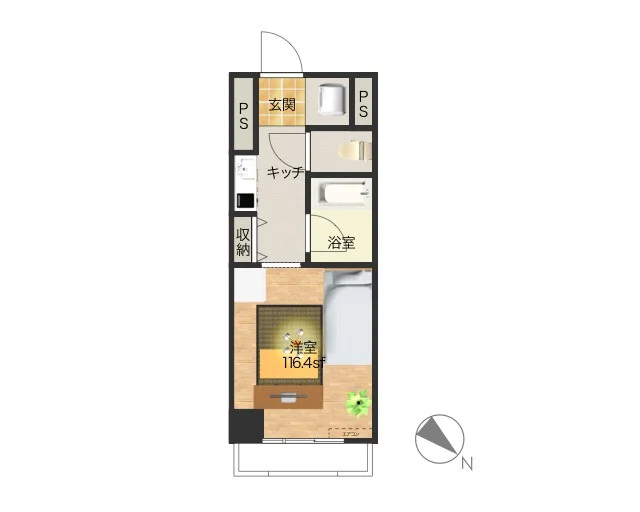 洋室8.5帖の1K　シンプルな作りのお部屋ですが、収納付き・家具家電完備で備品も充実しておりますので、入居いただいたその日より御自宅のようにゆっくり過ごしていただけます♪