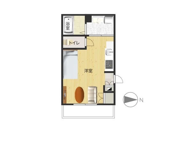 バルコニーあり家具家電豊富なお部屋♪　キッチンと洋室が一緒になった1Rタイプのお部屋で　洋室広々とお使いいただけます！