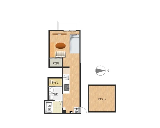 ロフト有の天井高部屋！　バストイレ別・独立洗面台付きが嬉しい　家具家電付き物件！