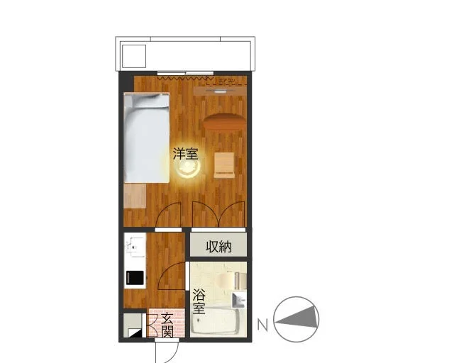 バルコニーあり！　洋室広々でシンプルな間取りながらも家具家電充実の　満足度が高いお部屋になっております。