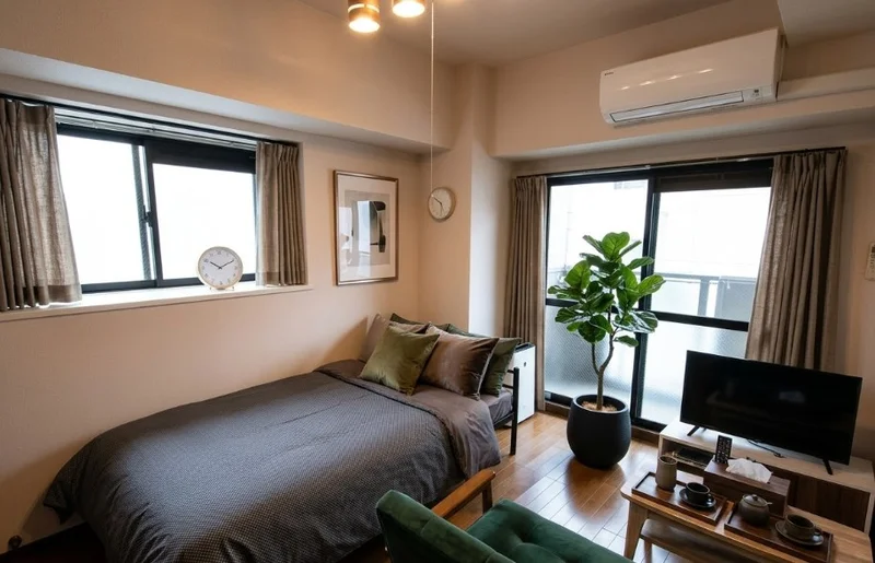角部屋で　名古屋駅や太閤通駅へ徒歩圏内で飲食店も豊富な家具家電付マンスリーマンション！　開口部多く明るいお部屋です！※植木と額とクッションなどの装飾は写真用です。