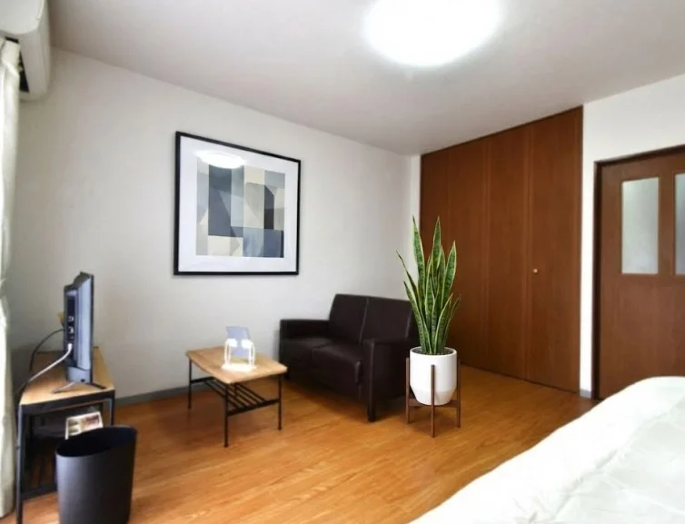 洋室は広く　ソファでゆったりテレビなど完備！　家具家電すべて標準品で備品類も多くあり　満足度が高いお部屋です。※植木と額は写真用です。