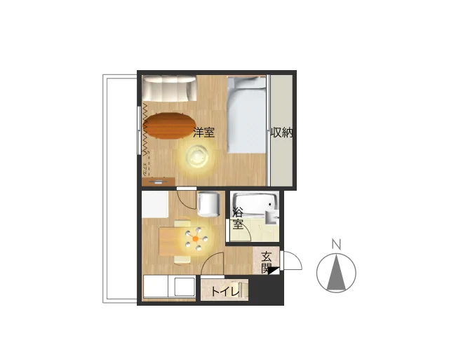 バルコニー広々！　セパレートタイプの１DKのお部屋で広々とお使いいただけます！