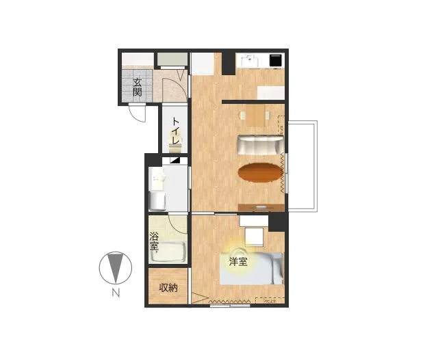 リバーサイドの駐車場有の1ＬＤＫ駐車場有マンスリーマンション♪　バストイレ別　寝室が分かれているのでプライベートな空間を確保！