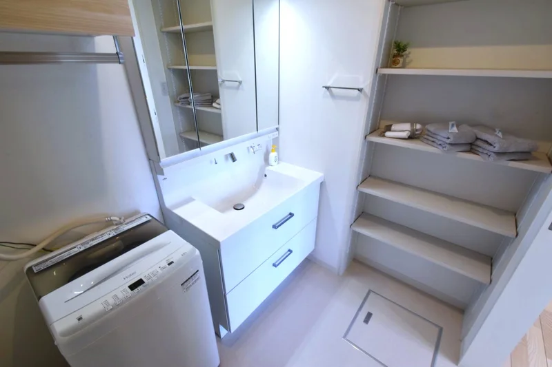 独立洗面台付きでお風呂上りや朝自宅に便利な設備！　洗濯機有、収納スペースありで満足度が高いお部屋です！