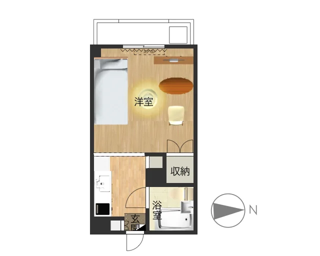 バルコニーあり2階以上！　開口部大きく明るい室内で洋室広々とご利用いただけます。　シンプルな間取りながら家具家電、備品が充実したお部屋！