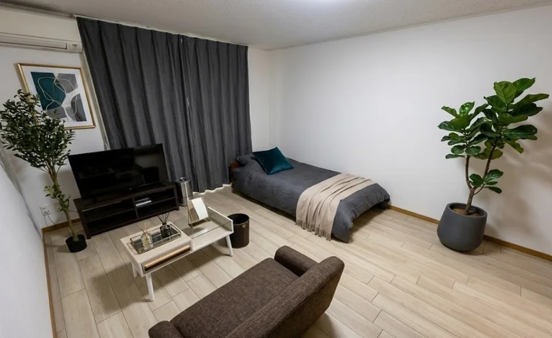 一般的なマンスリー（6畳）を圧倒する9.5帖のゆとり。26㎡の専有面積を最大限に活かしたレイアウトは、リモートワーク用のデスクを置いても十分な動線を確保。四日市エリアで『広い1K』を探すユーザーへの決定打となります。※植木と額とクッションなどは写真用です。