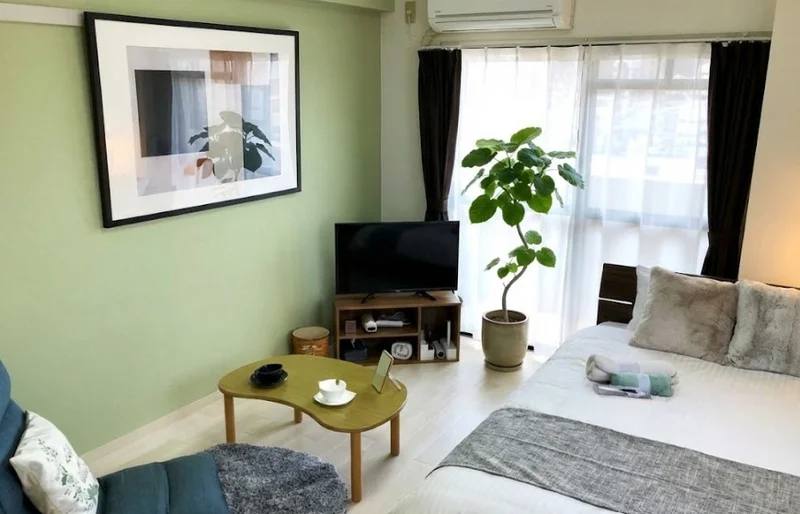 家具家電が豊富にあるマンスリーマンション！　座椅子付きで大きめのテレビあり！　仕事終わりにお部屋でリラックス♪※植木と額とクッションなどの装飾は写真用です。