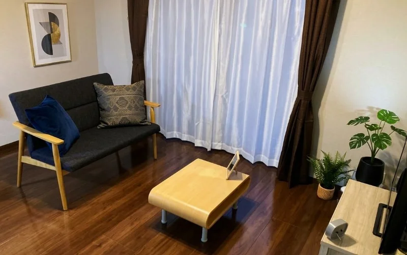 ソファ付きの　家具家電がそろっていて長期の滞在でも安心なマンスリーマンション！※植木と額とクッションなどの装飾は写真用です。